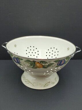 Enamelware Handled Fruit Pattern Colander Enameled Metal Pedestal Drainer